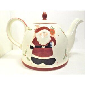 Le Gourmet Chef Santa Large Dome Tea Pot 2003 Red & White Hand Painted